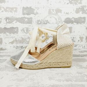 New Gaimo Silver Ivory Espadrille Tie Up Wedges C981